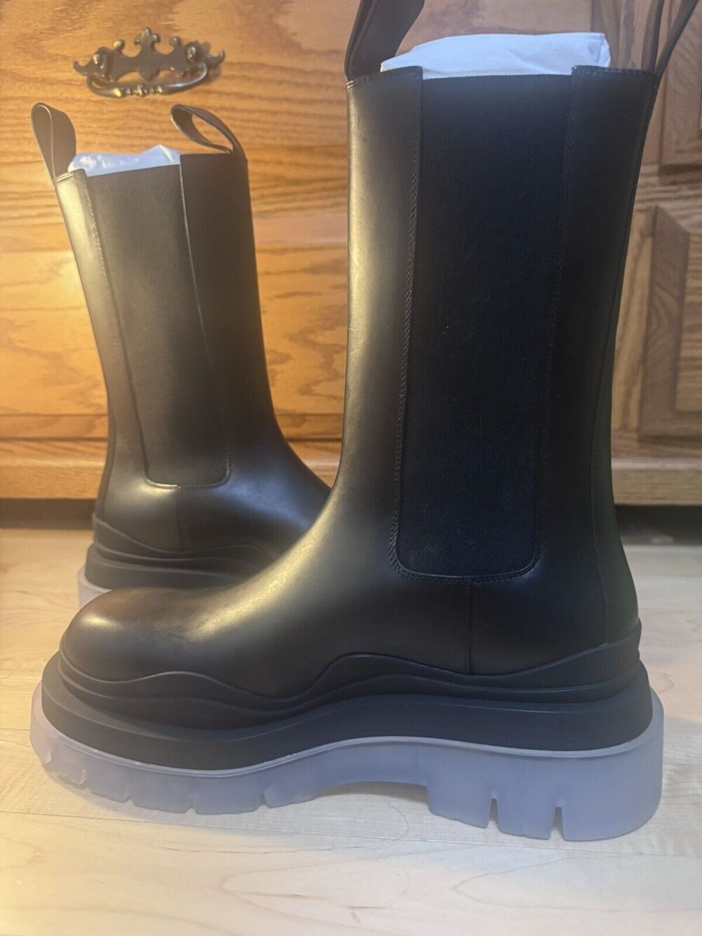 BOTTEGA VENETA Tire Chelsea Boots Black Leather Clear Sole EU 38 US 8